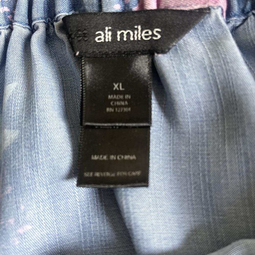 Ali Miles Off The Shoulder Floral Chambray Tunic XL Rope Tie Fray Hem Cottage - Picture 5 of 11